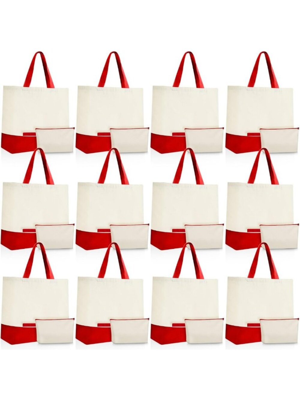 24 Pcs Reusable Canvas Tote Bags, 18.5", Stylish Red & Beige for Shopping